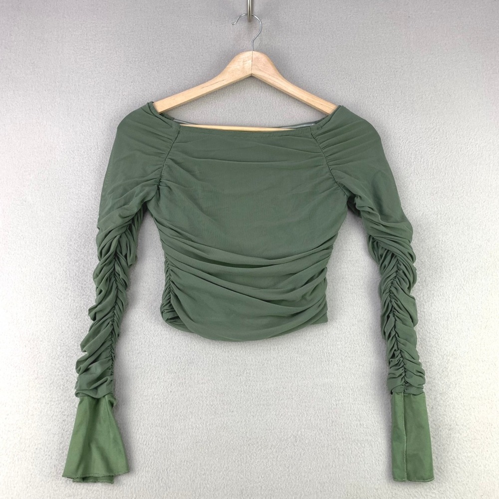 Princess Polly Blouse Women 2 Green Mesh Ruched Off Shoulder Cropped